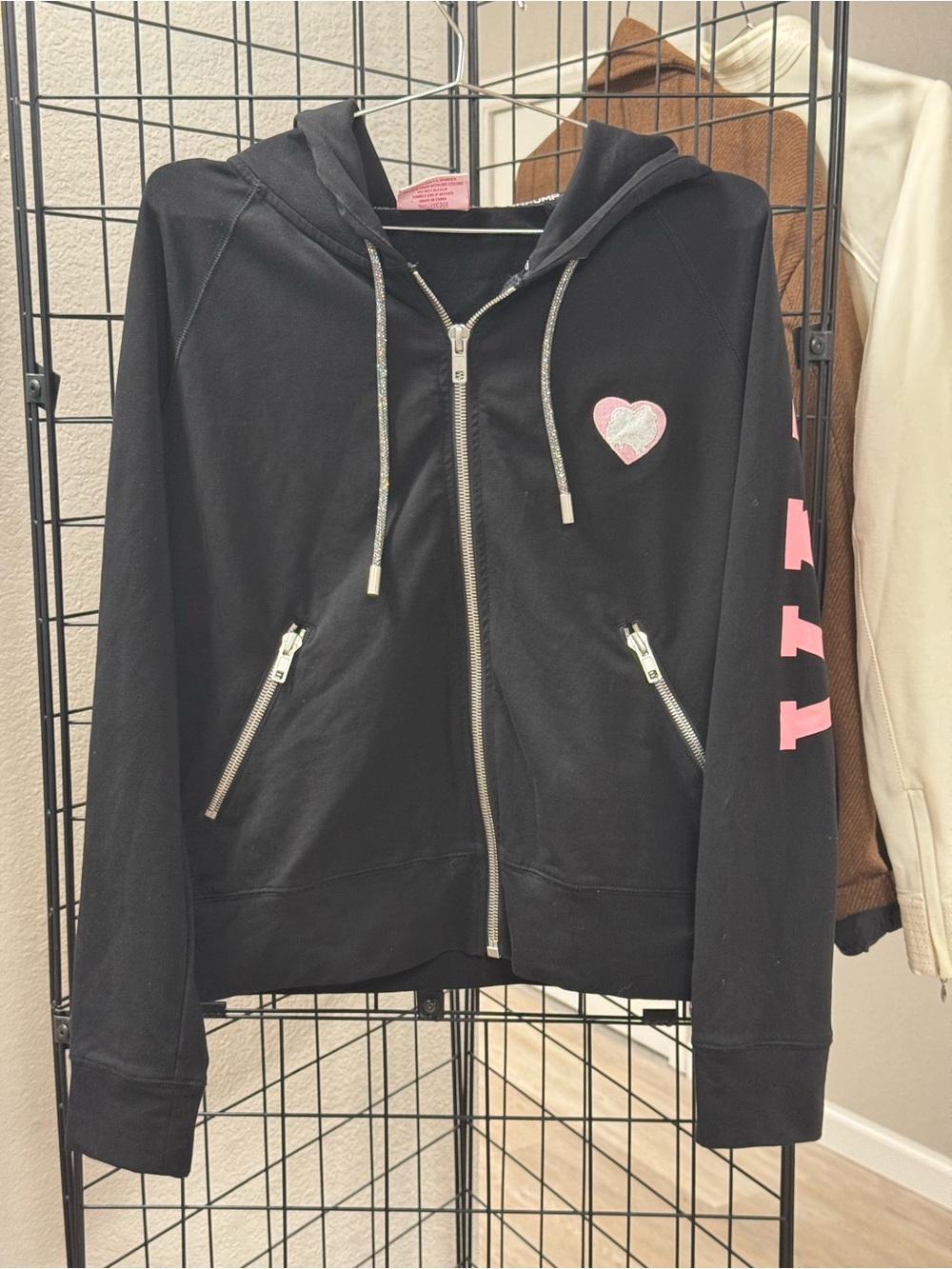 Black Zip Hoodie with Pink Heart Embroidery